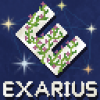 Logo Exarius pixelisé inspiré de celui de E-corp sur un fond de cosmique.