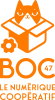 Logo orange. Une tête de chat qui sort d'un carton. En dessous un engrenage et en-desoous un texte "BOC47" puis "Le numérique coopératif"